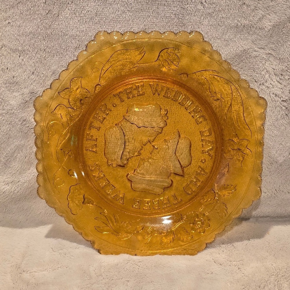 Vintage Amber Glass Plate Three Weeks After The Wedding Day Scalloped Floral 7.5